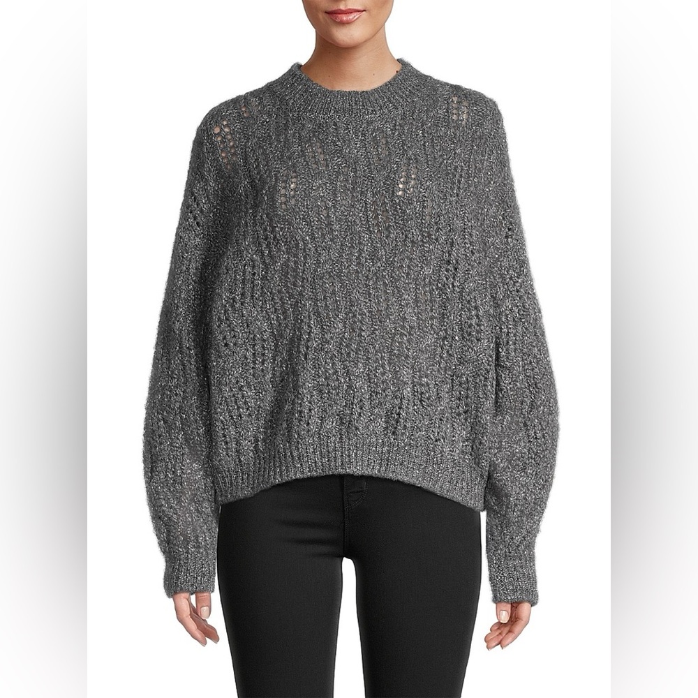 Brochu Walker Restoin Pointelle Mock Neck Metallic Gray Open Knit Wool Sweater
